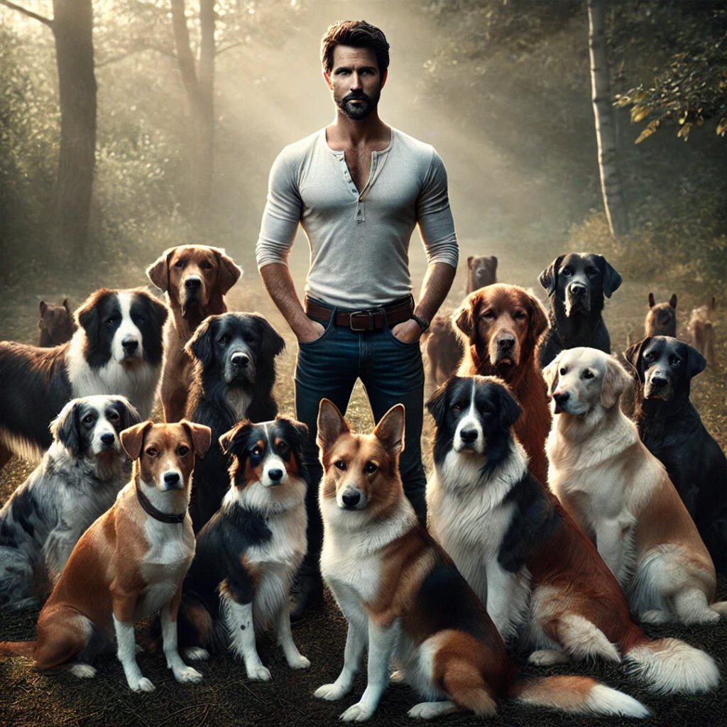 A hyper-realistic image of a dog trainer standing confidently in a serene natural environment, with five dogs sitting calmly around, focused and trusting the trainer.