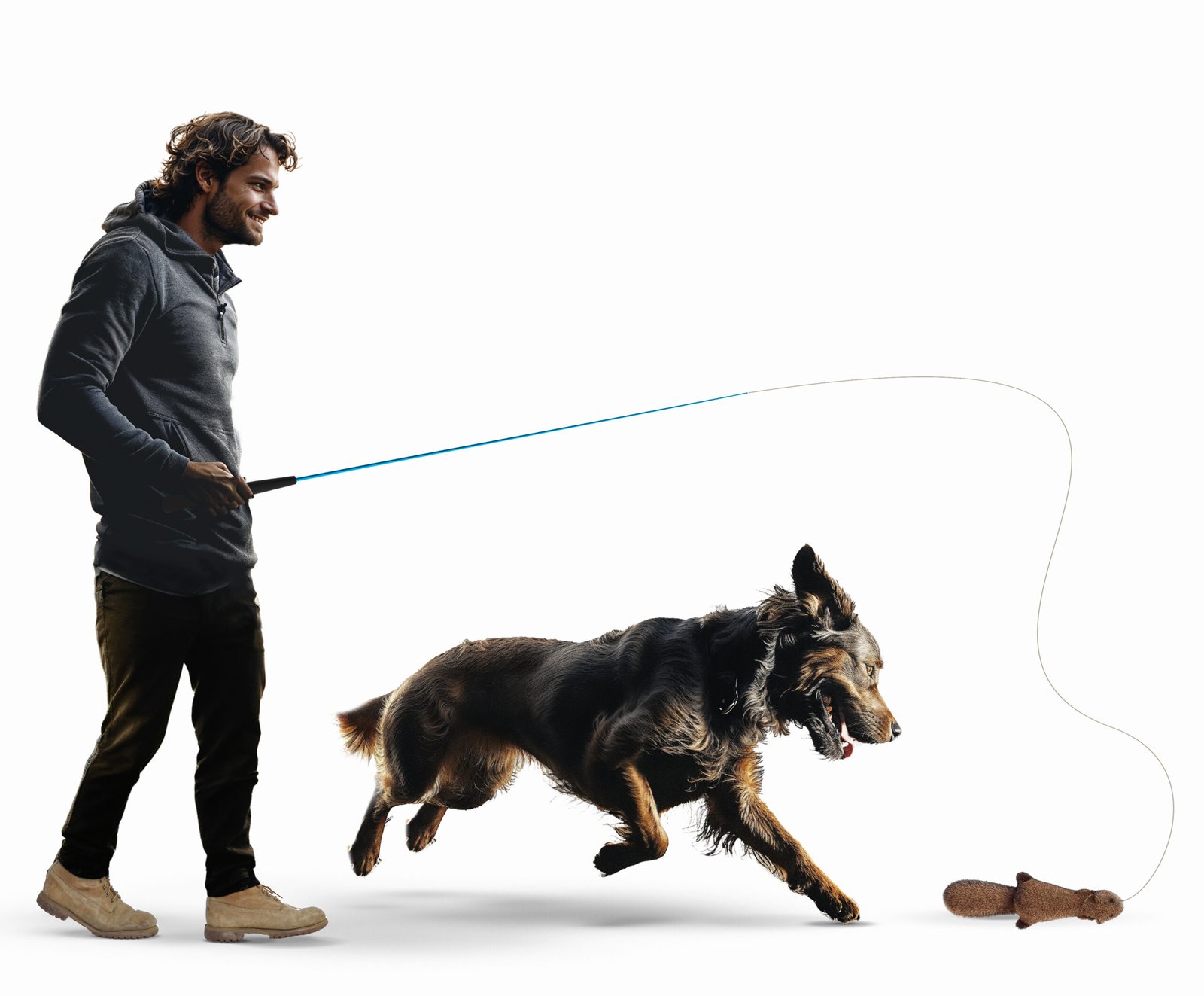 man and dog using flirt pole