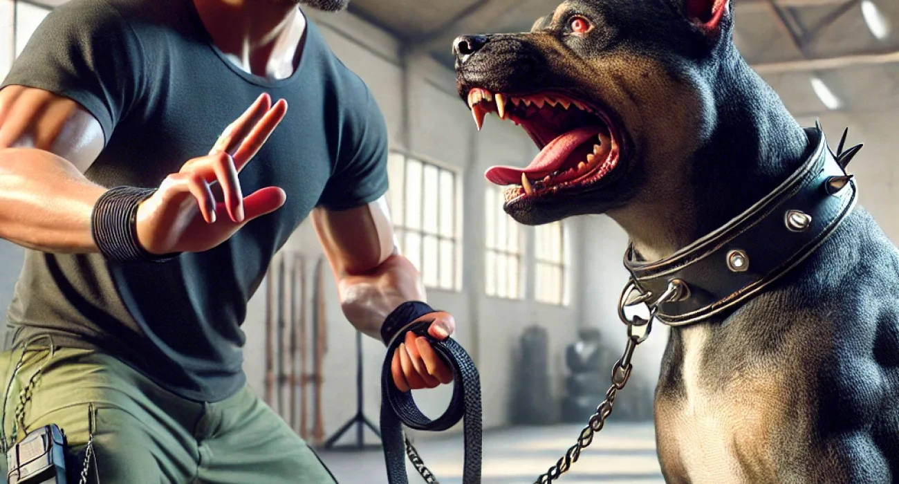 DALL·E 2024-07-09 16.09.22 - A hyper-realistic image of a dog trainer working with an aggressive dog in a controlled setting. The trainer is calm and composed, using a leash and h