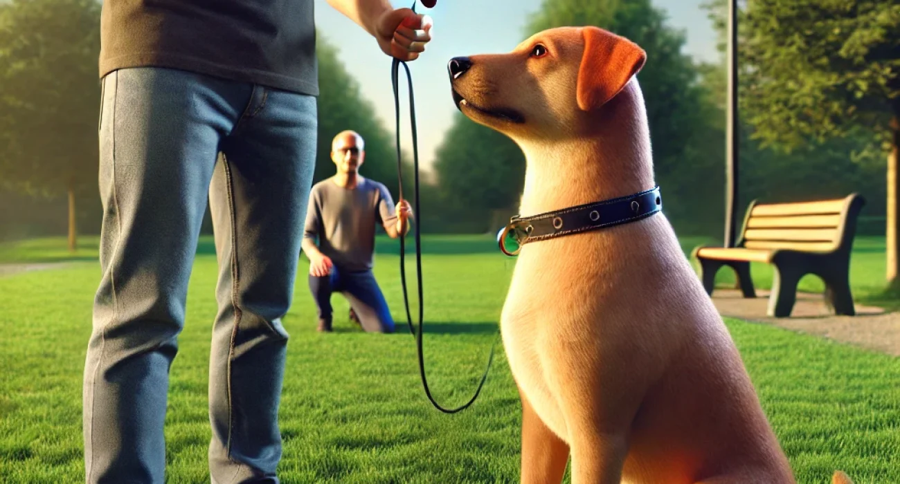 DALL·E 2024-07-09 16.19.22 - A hyper-realistic image of a person training a dog to exercise impulse control. The scene should include a dog sitting patiently and calmly, while a p