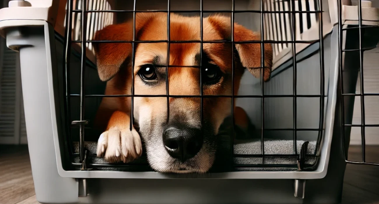 DALL·E 2024-07-09 20.20.09 - A sad dog behind a crate door, almost as if he is a prisoner. The scene should be emotional, capturing the dog's longing and the confinement of the cr