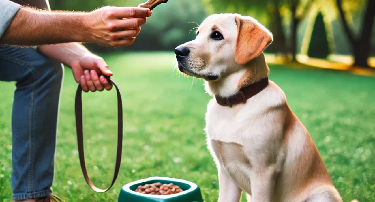 DALL·E 2024-07-09 20.23.16 - A calm dog sitting attentively in front of its owner who is holding a treat, with a leash and some training tools visible in the background. The envir