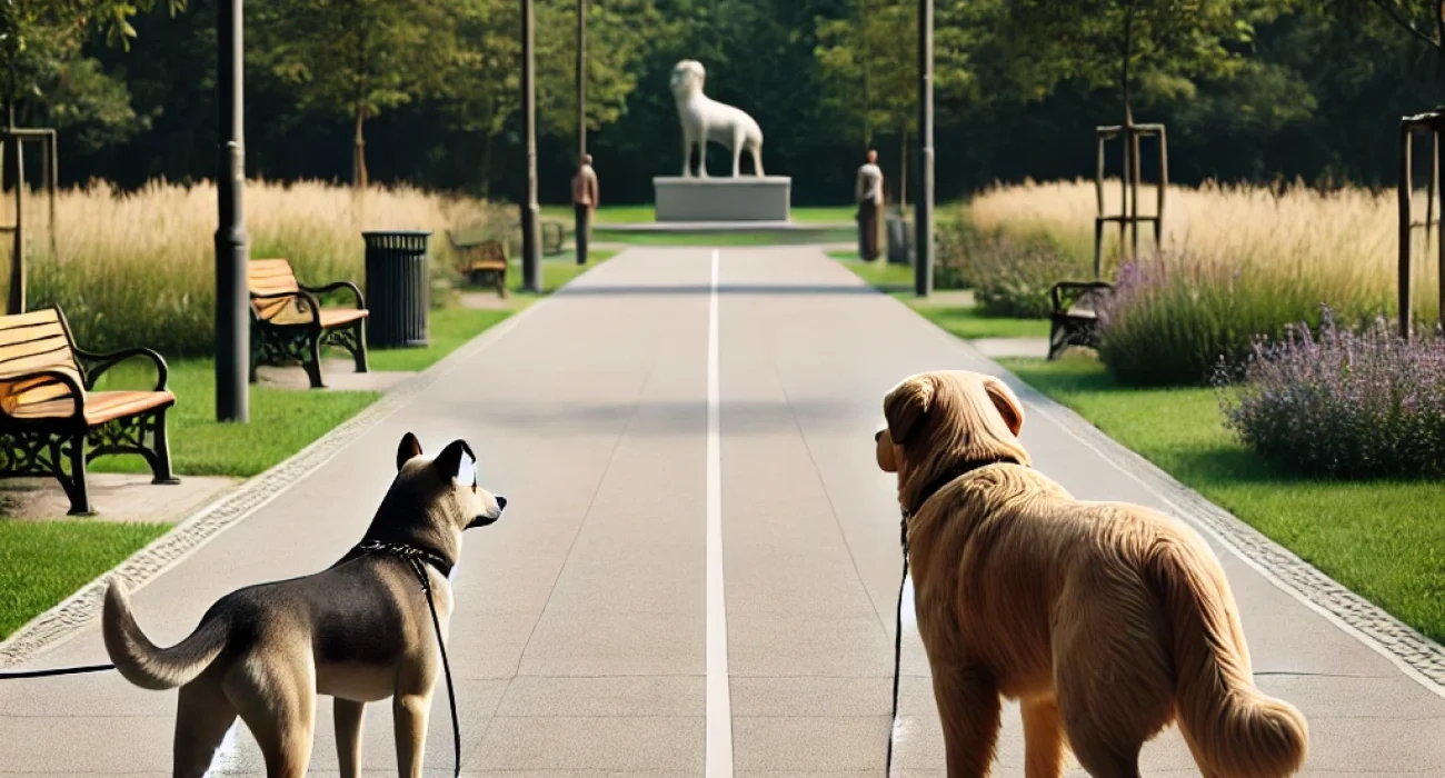 DALL·E 2024-07-09 20.32.56 - A hyper-realistic image of two dogs standing 20 feet away from each other in a public place. The dogs are not on leashes. The setting is a park with a