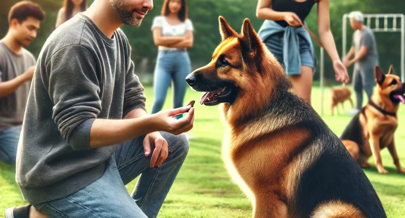 DALL·E 2024-07-13 13.51.58 - Create a hyper realistic image of a man kneeling with a German Shepherd dog, giving the dog a treat, in an outdoor park setting. In the background, in