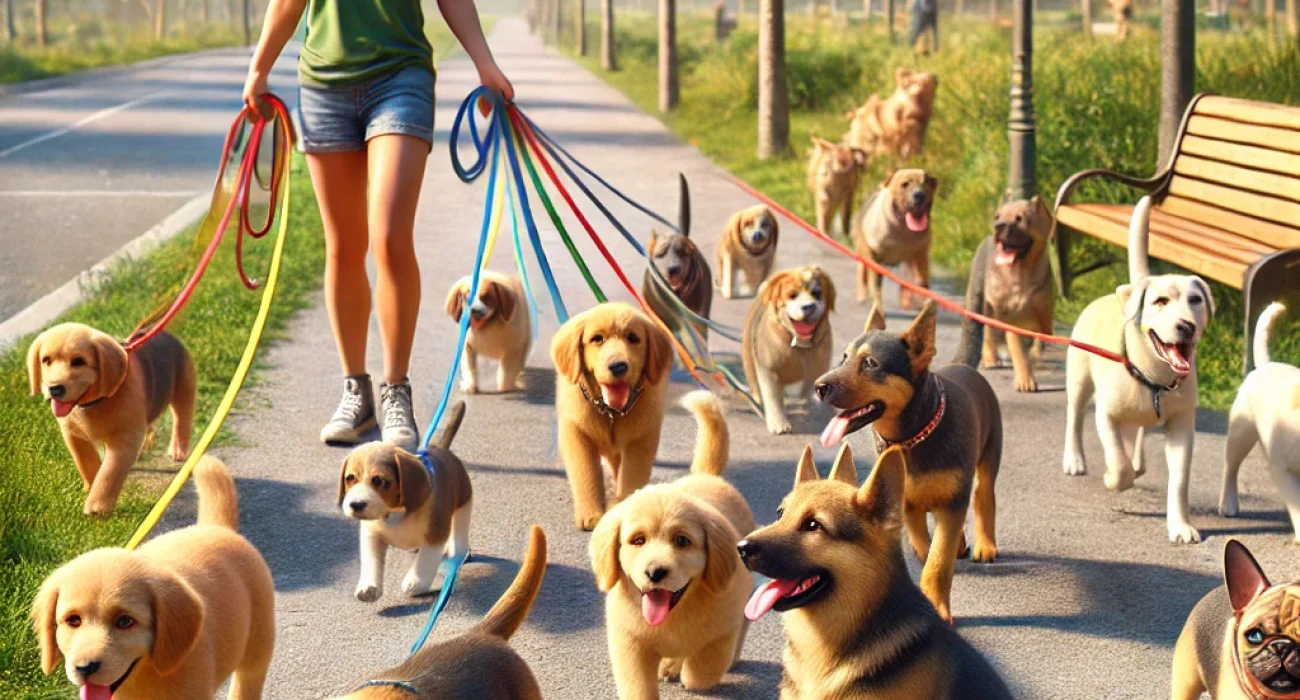 DALL·E-2024-08-04-09.23.07-Create-a-hyper-realistic-image-of-a-person-walking-a-group-of-puppies-on-leashes.-The-scene-features-a-diverse-group-of-puppies-including-a-Golden-Re